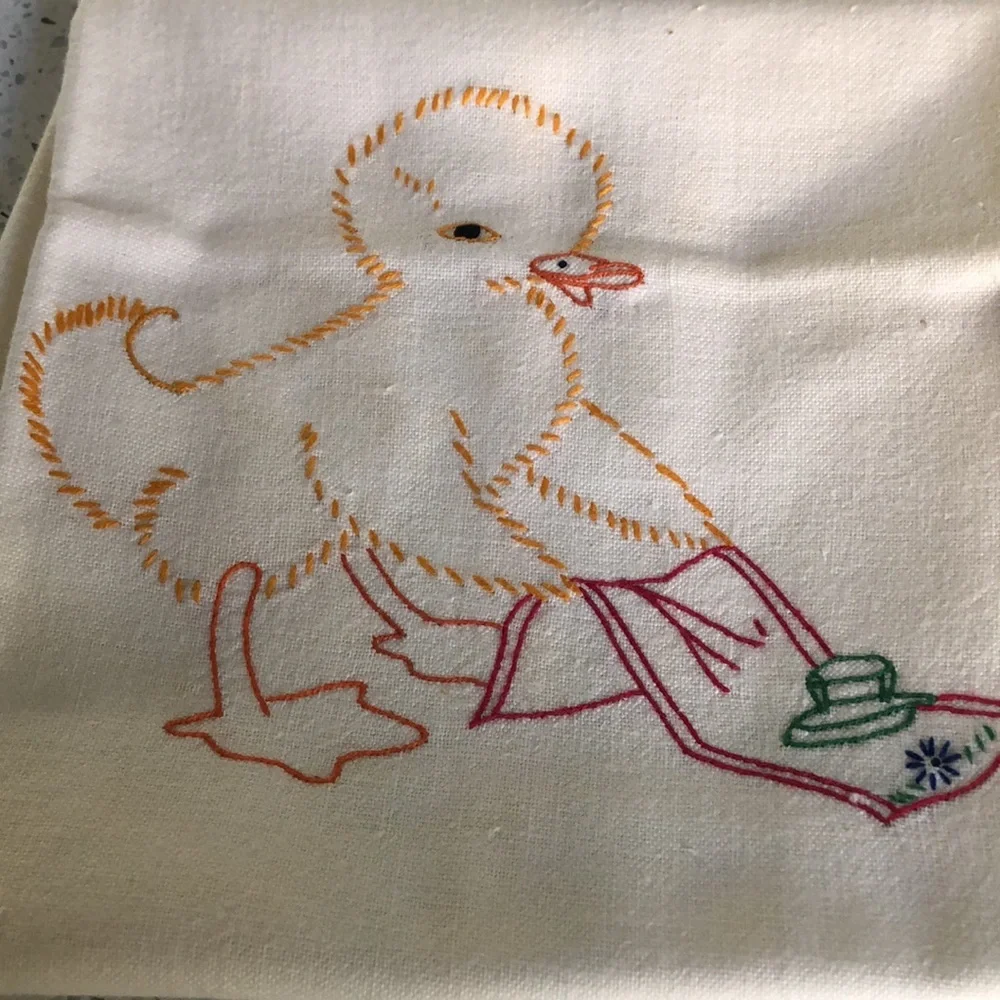 4 vintage hand embroidered canon linen tea towels with baby ducks and baby lamb